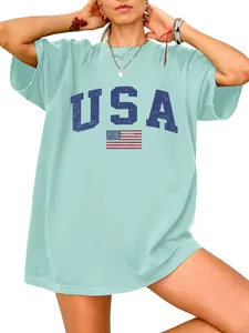 Detail shot of women's oversized light blue cotton T-shirt with USA flag print design