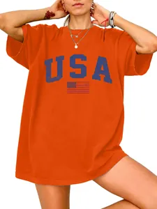 Detailed view of women's oversized orange T-shirt with blue USA flag graphic print