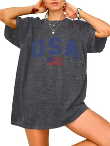 Detailed view of women's oversized grey t-shirt featuring USA flag graphic print