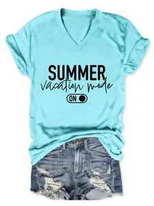 Women's V-neck T-shirt with Summer Vacation Mode graphic and denim shorts.