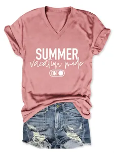 Casual women's dusty rose V-neck T-shirt with 'Summer Vacation Mode' white print
