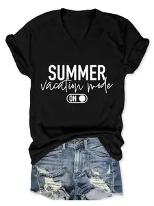 Close-up of black V-neck T-shirt with white 'Summer Vacation Mode' print