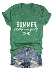 Casual green V-neck T-shirt featuring a Summer Vacation Mode graphic print
