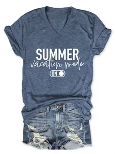 Close-up of women's blue V-neck T-shirt with white Summer Vacation Mode graphic print