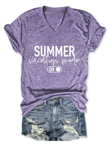 Detail view of purple V-neck t-shirt with white Summer Vacation Mode On text print