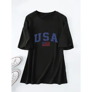 Women's casual loose-fit black T-shirt with blue USA flag print graphics.