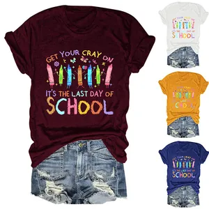 Detail view of 'Get Your Cray On' print on various colorful women's short sleeve t-shirts
