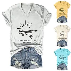 Visual details of V-neck short sleeve T-shirt available in white, yellow, and blue colors.