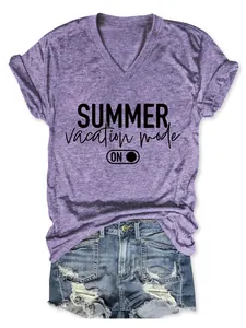 Purple V-neck T-shirt with 'SUMMER vacation mode' print paired with denim shorts.