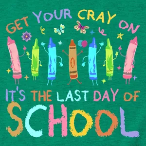 Detail of 'Get Your Cray On' school-themed graphic print on green women's T-shirt