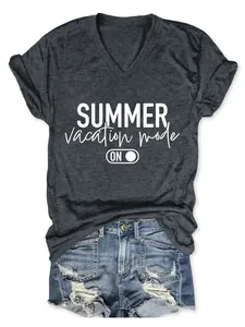 Close-up of women's heather grey V-neck tee with Summer Vacation Mode On graphic print.