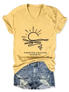 Yellow women's V-neck short sleeve T-shirt featuring a Forever Chasing Sunsets sun graphic