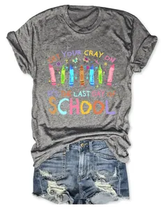 Detail view of women's grey marl t-shirt with 'Get Your Cray On' colorful graphic print