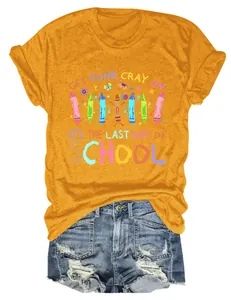 Detailed view of the colorful Get Your Cray On Last Day of School print on a yellow tee