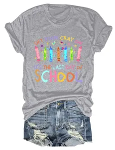 Ladies grey round neck short sleeve T-shirt with a colorful Get Your Cray On school print
