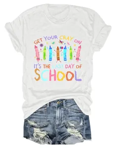 White crew neck short sleeve T-shirt with Last Day of School colorful crayon print