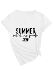 Casual women's white V-neck T-shirt featuring a trendy Summer Vacation Mode print.
