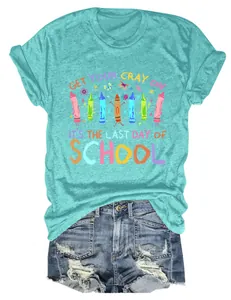 Women's teal t-shirt with Last Day of School crayon print and cute colorful graphics