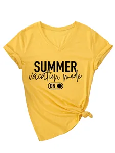 Detail of yellow V-neck T-shirt featuring a stylish knot and Summer Vacation Mode print