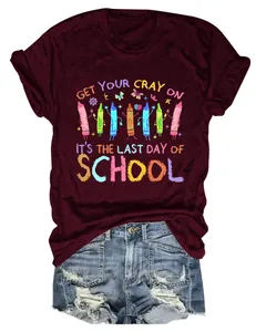 Burgundy T-shirt with colorful Last Day of School graphic print detail
