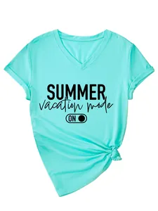 Detail view of summer vacation mode print on turquoise V-neck T-shirt