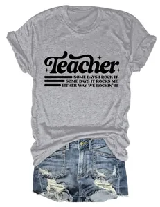 T-shirt grigia casual a maniche corte da donna con stampa della frase Teacher rock it