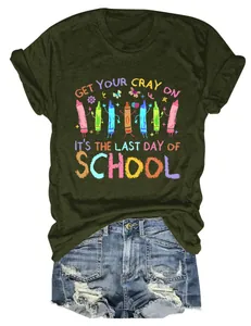 Detailed view of olive green crew neck T-shirt with school crayon graphic and fun text