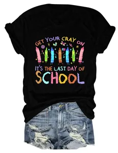 Detail view of women's black crew neck t-shirt with Last Day of School crayon design