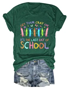 Dark green women's T-shirt with 'Get Your Cray On' print styled with denim shorts