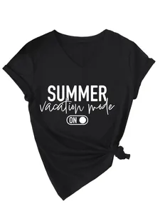 Women's black V-neck T-shirt featuring a white 'Summer Vacation Mode On' graphic print