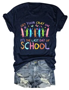 Close-up detail of funny navy blue t-shirt with colorful crayon last day of school design