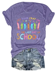 Women's purple teacher t-shirt for the last day of school with crayon graphic