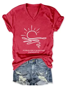 Red V-neck T-shirt with Forever Chasing Sunsets graphic and distressed denim shorts