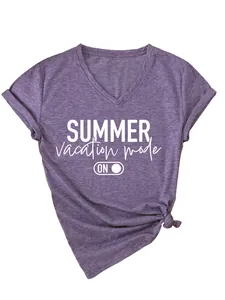 Close-up of purple V-neck T-shirt featuring 'Summer vacation mode' white print design