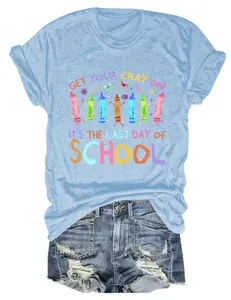 Light blue women's short sleeve T-shirt featuring 'Get Your Cray On' school theme print