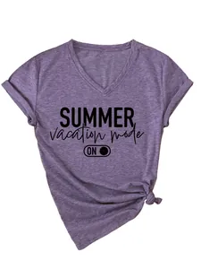 Close-up view of women's purple V-neck T-shirt with Summer Vacation Mode print design