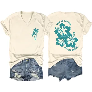 Cream V-neck T-shirt with palm tree and hibiscus floral beach print detail