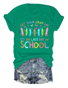 Detailed shot of green 'Last Day of School' T-shirt with colorful crayon graphic