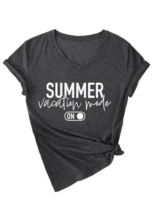 Women's V-neck T-shirt with 'Summer Vacation Mode' print in dark grey melange.