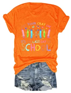 Bright orange women's round neck t-shirt with 'Last Day of School' crayon print design