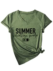 Women's green V-neck T-shirt featuring 'Summer Vacation Mode' print and stylish side knot.