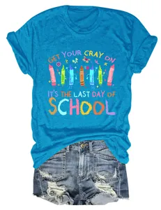 Detail view of a bright blue T-shirt with colorful Last Day of School crayon print