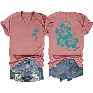 Detailed front and back view of dusty rose V-neck tee with tropical beach print