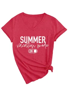 Casual red women's V-neck T-shirt featuring white Summer vacation mode on graphic print