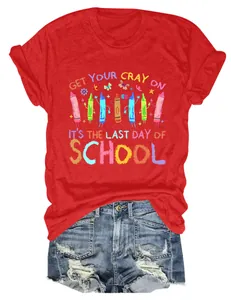 Fun red crew neck t-shirt with Get Your Cray On last day of school print detail.
