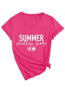 Detail view of pink V-neck T-shirt with Summer Vacation Mode ON graphic and side knot