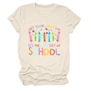 Close-up of Last Day of School print on cream crew neck T-shirt