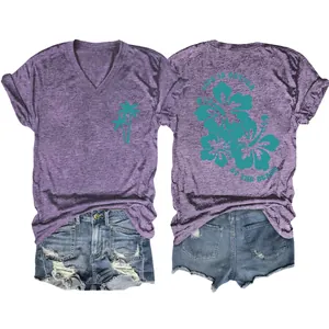 Casual purple V-neck T-shirt for women with teal hibiscus print and beach quote detail