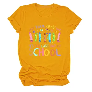 Yellow women's T-shirt featuring 'Get Your Cray On' colorful school-themed graphic
