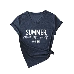 Stylish women's V-neck short sleeve T-shirt featuring a Summer Vacation Mode ON print